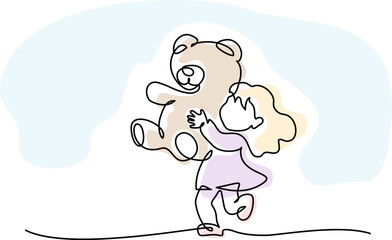 Little girl embracing her teddy bear. Continuous one line drawing.