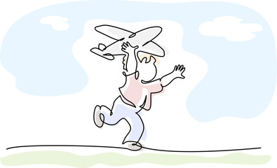 Fototapeta premium Happy boy playing toy airplane. Continuous one line drawing.