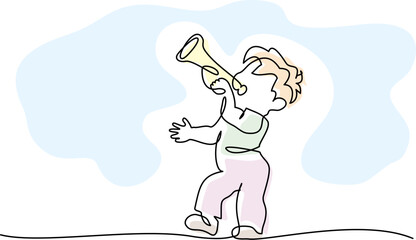 Boy blowing into trumpet. Continuous one line drawing.