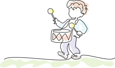 Schoolboy playing drums. Continuous one line drawing design style illustration