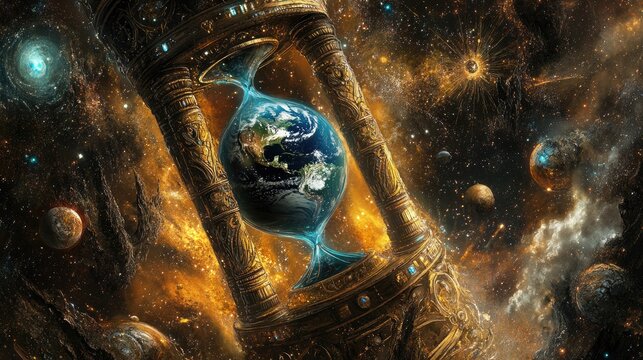 A conceptual image of an hourglass with a detailed planet Earth inside, representing time slipping away for sustainability.