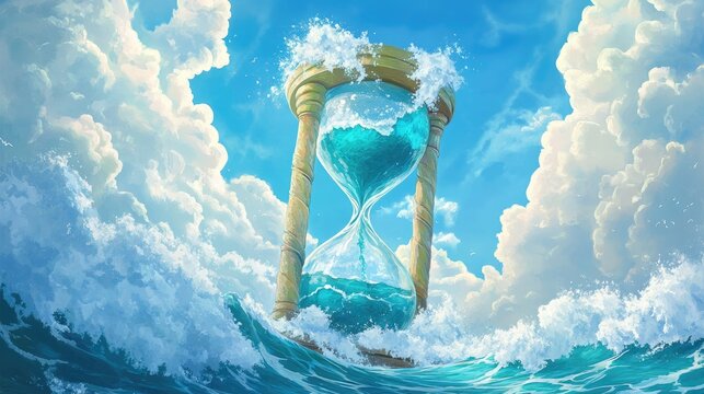 A digital artwork featuring an hourglass where the oceans in the top half dry up as time progresses.