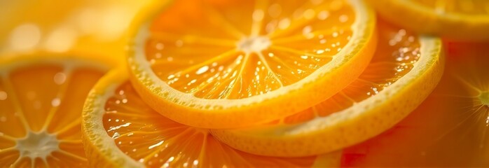 Banner with thinly sliced juicy ripe oranges