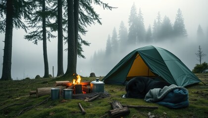 a remote mountain forest at dawn, where a still lake reflects the soft morning mist