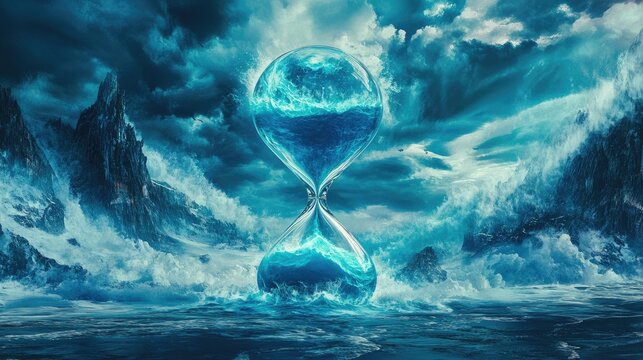 A digital artwork featuring an hourglass where the oceans in the top half dry up as time progresses.