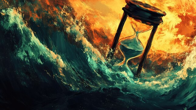 A digital artwork featuring an hourglass where the oceans in the top half dry up as time progresses.
