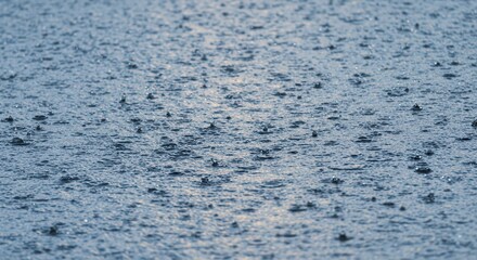 Fototapeta premium Rain Falling on Water Surface Creating Ripples and Soft Light Reflection