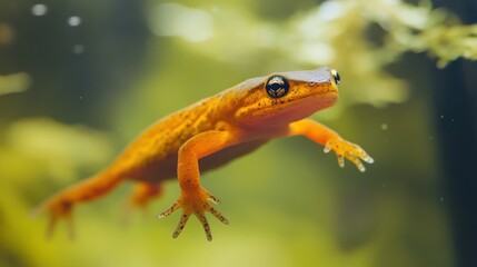 Fototapeta premium A vibrant yellow salamander swimming gracefully in clear water near greenery