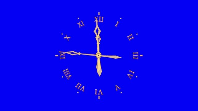 Golden dial Roman numerals with moving hands on electric blue background. Medium shot.