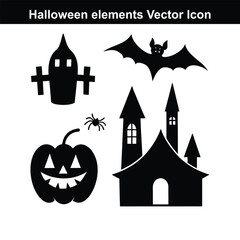 Spooky Halloween Icons: A collection of vector icons capturing the essence of Halloween with a haunted house, eerie pumpkin, spooky bat, and creepy spider, perfect for festive designs. 