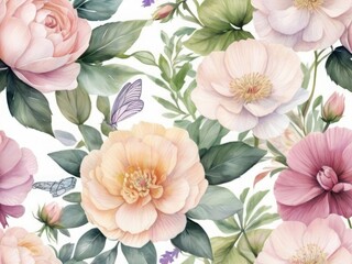A Delicate Watercolor Garden Blooming With Pastel Roses, Peonies, And Butterflies, Showcasing Soft Hues And Lush Green Foliage