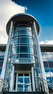 Modern architectural design features glass and metal elements under a bright blue sky