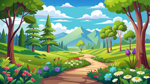 Beautiful spring and summer landscape with forest trees, path and flowers on background of blue sky with clouds on sunny day. Panoramic view from the hill to nature in spring