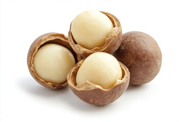 Fresh macadamia nuts isolated on white background for a clean and natural look