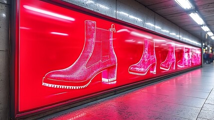 Red backlit subway ad showing women's boots.