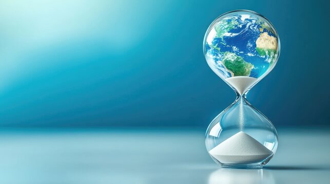 A glass hourglass with Earth as the upper chamber, with sand trickling down, symbolizing time running out for the planet.