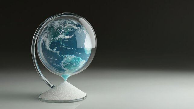 A glass hourglass with Earth as the upper chamber, with sand trickling down, symbolizing time running out for the planet.