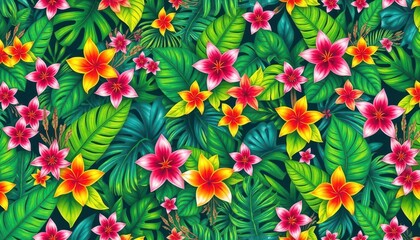 Vibrant tropical leaves & flowers in a patchwork design, seamless repeat, textile, illustration