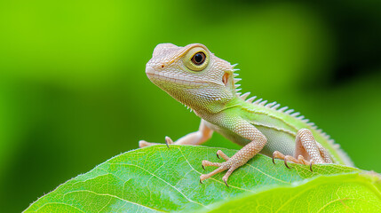 a vibrant green lizard perched on a lush green leaf, with a background of other green leaves, and a detailed view of its texture and unique features. 