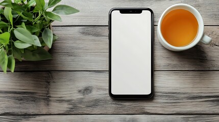Phone mock-up on desk with tea and plant