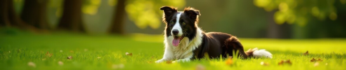 Fototapeta premium Border collie lies panting in shade after work, landscape, animal