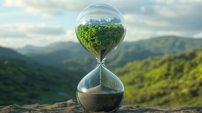 A transparent hourglass where the top half shows a lush, green Earth, and the bottom reveals barren land.