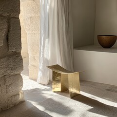 A gold metal stool sits in front of a white curtain