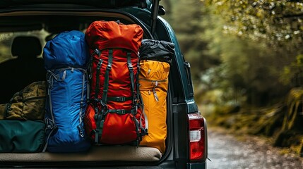 Obraz premium Adventure trip preparation with hiking and travel gear packed in the trunk of a vehicle.