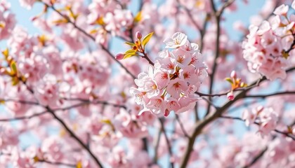 Delicate pink cherry blossoms frame a blooming tree in full spring bloom, delicate, branch