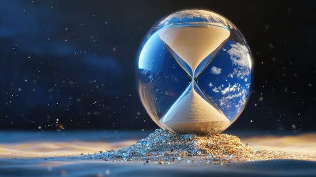An abstract image of an hourglass where the planet fades away as the sand flows down.