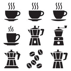 Coffee Icons Collection Espresso, Moka Pot, Grinder & Beans