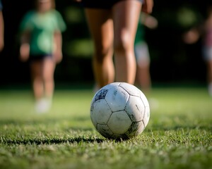 Fototapeta premium Soccer game in green field with people in background