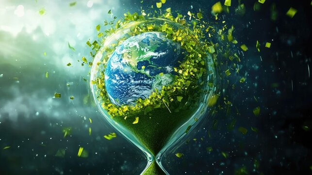 An artistic representation of an hourglass with Earth floating inside, slowly breaking apart.