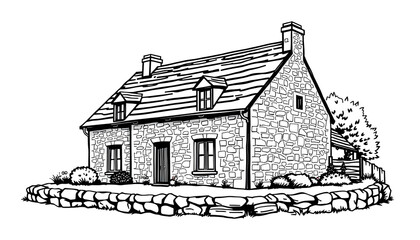 Naklejka premium Country stone house in outline style. Vector hand drawn illustration , with white tonespng