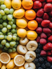 Vibrant Assortment of Fresh Fruits Arranged in Colorful Rows Overhead Shot for Healthy Eating Concept