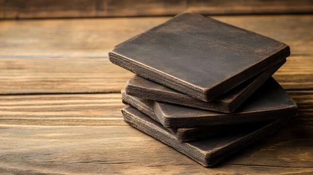 A stack of square coasters placed on wooden surface
