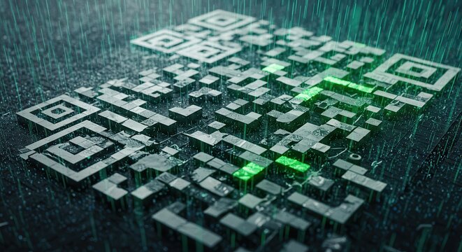 Digital Qr Code Glowing with Green Futuristic Light and Rain