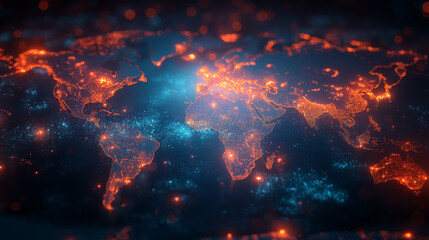  "Glowing Futuristic World Map with Digital Network Connections and Neon Lights"
