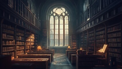 Fototapeta premium A Grand Gothic Library: Bookshelves Filled with Ancient Knowledge and a Majestic Window