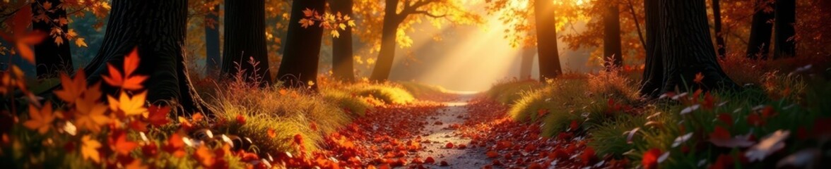 Fototapeta premium Sunlit path through autumn woodland, leaves in rich hues , sunlight, texture, crisp
