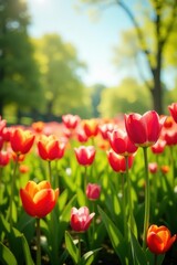 Sunny meadow, vibrant tulips blooming in springtime , colorful, outdoor, easter