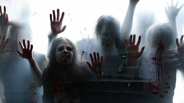 Quarantine panic scene highlights blurred crowd trapped behind sealed glass, panic driving claustrophobic visuals, panic fueling brand awareness, panic magnifying urgent marketing narratives.