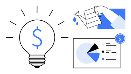 Light bulb with dollar sign, hand pouring water with watering can, and financial pie chart. Ideal for investment advice, financial growth, saving, innovation, business planning, and profitability