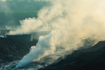 Obraz premium A sewage treatment plant with open tanks releasing foul odors into the air, symbolizing industrial waste management issues. 