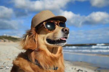 Golden retriever dog wearing sunglasses and hat enjoying a sunny day at the beach with blue sky and ocean waves creating a playful summer scene