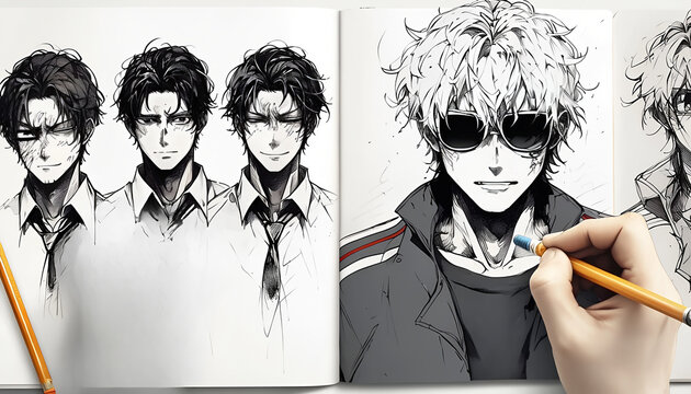 Mani dell'artista che disegnano intricati schizzi anime Inchiostrazione durante processo creativo di un personaggio, Artist's hands drawing anime sketches Inking during a character's creative