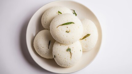 Top View of Fluffy White Idlis on Plate Fresh Presentation