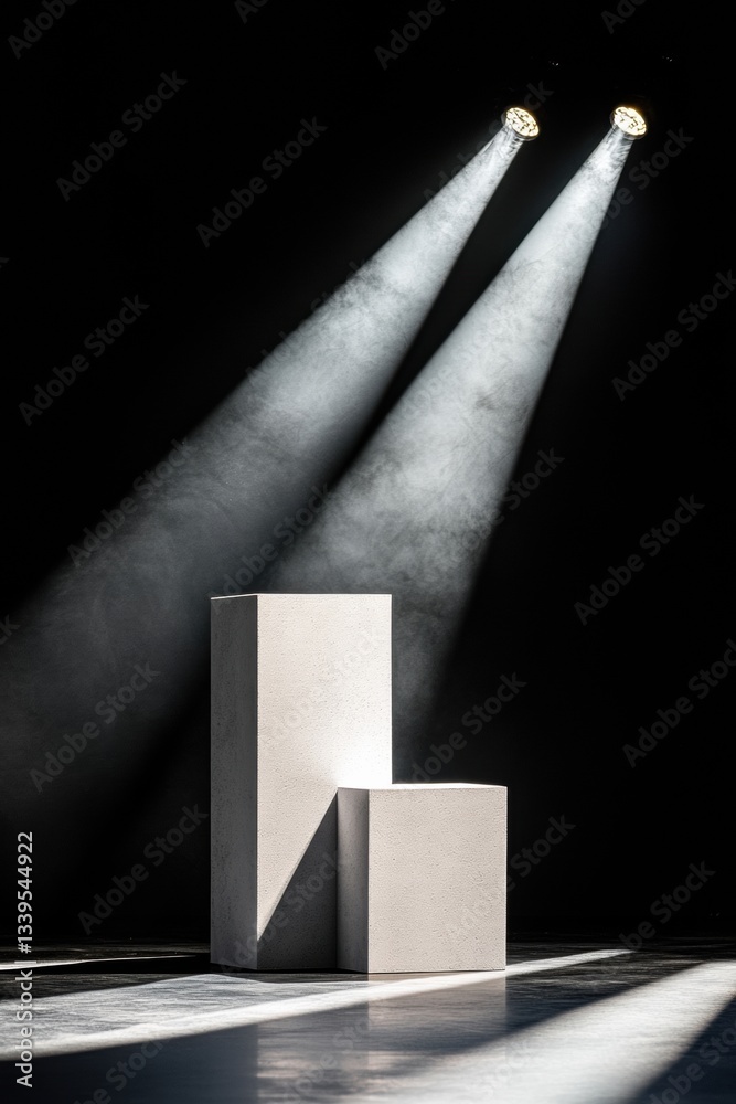 Poster minimalist achievement visualization dynamic geometric podium in dramatic monochrome lighting - high
