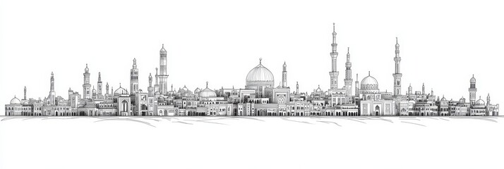 Medina Skyline: A Holy City in Line Art - Detailed line art depicting Medina's architecture, symbolizing faith, heritage, peace, community, and spirituality