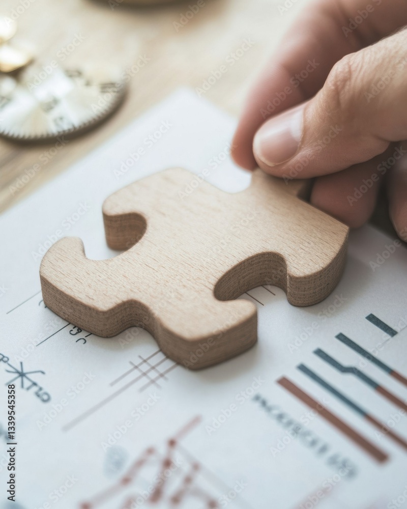Poster minimalist business strategy visualization wooden jigsaw partnership metaphor for collaborative inno